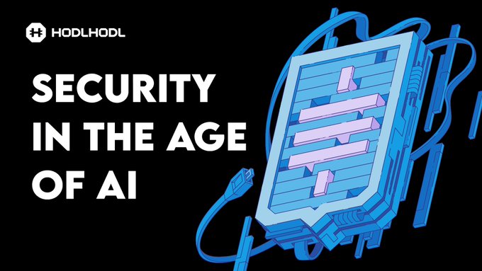 A graphic titled 'SECURITY IN THE AGE OF AI' by HODLHODL, showing a stylized blue 3D shield with chat bubbles and an ethernet cable.