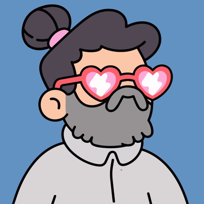 A cartoon illustration of an older man with dark hair tied in a bun, a full gray beard, and large pink heart-shaped sunglasses against a blue background.