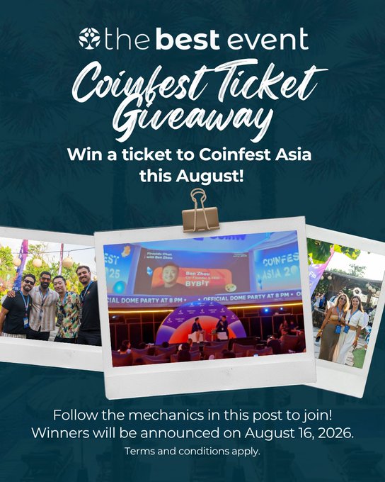 A promotional poster for "The Best Event Coinfest Ticket Giveaway" featuring photos of past Coinfest Asia attendees and a stage display, advertising 2 free tickets to Coinfest Asia in August with winners announced on August 16, 2026.