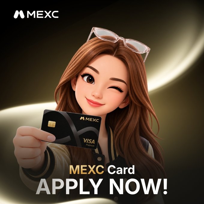 An advertisement for MEXC featuring an animated female character holding a black MEXC Visa Platinum card with the text 'MEXC Card APPLY NOW!'.
