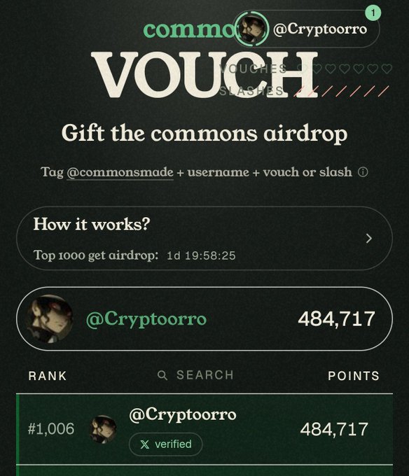 A 'commons VOUCH' airdrop page showing user @Cryptoorro with rank #1,006 and 484,717 points, with instructions to tag @commonsmade for vouchers/slashes.