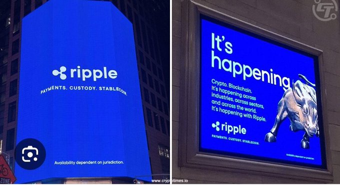 Two advertisements display the Ripple logo with the tagline 'PAYMENTS. CUSTODY. STABLECOIN,' with the right billboard reading 'It's happening' alongside a charging bull image.
