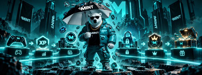 A stylized digital artwork features an anthropomorphic bear in a suit and gold chain holding a 'MINT' branded umbrella, surrounded by gaming icons, XP tokens, locks, crowns, and treasure chests in a teal cyberpunk setting.