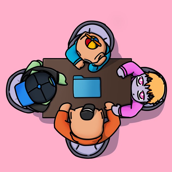 Four cartoon characters view a blue file from a top-down perspective around a table, illustrating a community contest announcement where the "chimis" reveal their decision and congratulate the winners.