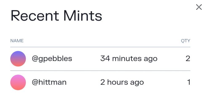 A "Recent Mints" interface showing two users who recently minted an NFT: @gpebbles (2 copies, 34 minutes ago) and @hittman (1 copy, 2 hours ago). This matches the post confirming that @gpebbles purchased 2 editions of "The Last Exit Liquidity," with 8 of 11 remaining.