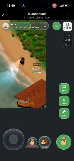 A mobile game screenshot titled 'Islandbound' showing a character labeled 'Fuck' near a 'WHALE' named 'Fuck #323' on a beach, with chat and menu options visible.