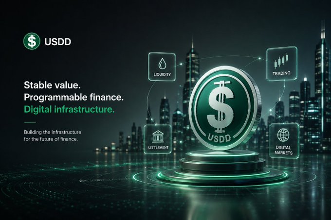 A promotional graphic for USDD stablecoin promoting 'Stable value. Programmable finance. Digital infrastructure.' with icons for Liquidity, Trading, Settlement, and Digital Markets around a central coin displaying the USDD logo.