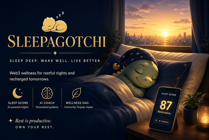 Promotional graphic for 'Sleepagotchi' featuring a sleeping dinosaur-like plush character on a bed, with text including 'Sleep deep. Wake well. Live better.' and 'Web3 wellness for restful nights and recharged tomorrows,' alongside features like 'Sleep Score,' 'AI Coach,' and 'Wellness DAO.'