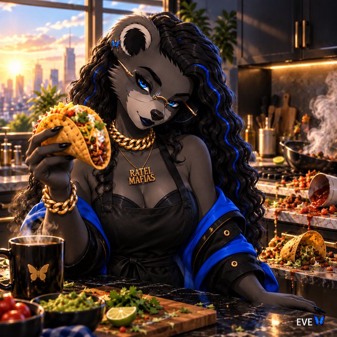 A digital illustration of an anthropomorphic dark-furred female character with blue-streaked curly hair, wearing a "RATEL MAFIAS" chain, holding a taco in a messy modern kitchen at sunset, with "EVE" logo in the corner.