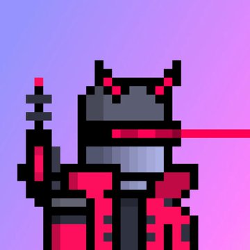 A pixel art illustration shows a dark armored knight with a black helmet and glowing red eyes, holding a sword against a purple-pink gradient background.