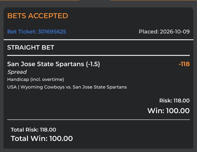 A sports betting screenshot showing 'BETS ACCEPTED' for the San Jose State Spartans (-1.5) against the Wyoming Cowboys, with a bet ticket number 301695625 and odds of -118.