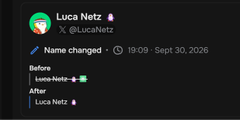 A Discord message from "Luca Netz" (username @LucaNetz) at 19:09 on Sept 30, 2026, showing a name change log from "LucaNetz" to "Luca Netz" with an attached image. The screenshot appears to accompany the post's commentary about Pudgy Penguins and reflects on a prior rebrand moment related to the crypto/NFT community.