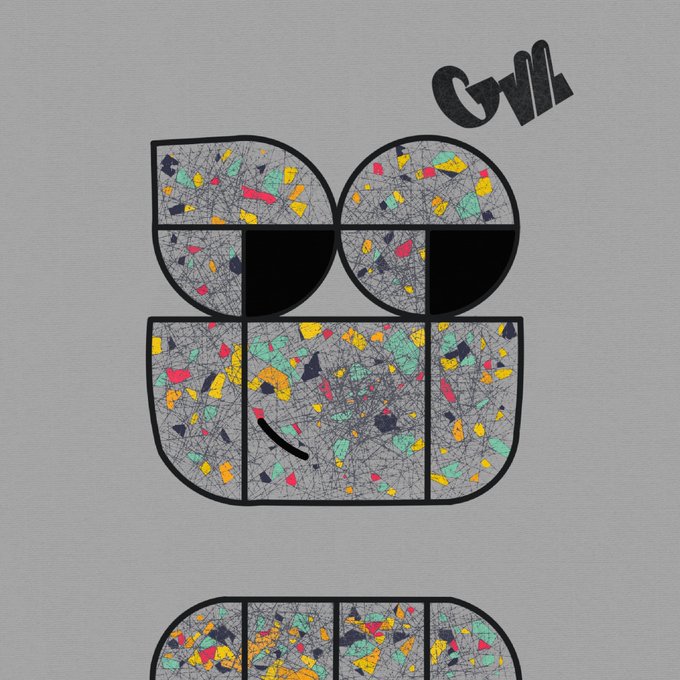 A stylized graphic featuring geometric shapes filled with a terrazzo-like multicolored pattern, with the word 'Owl' displayed in the upper right corner.