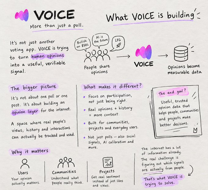 A hand-drawn infographic presentation titled 'VOICE - More than just a poll', explaining a project to turn human opinions into verifiable signal data, with sections on 'The bigger picture', 'What makes it different?', 'The end goal', and 'Why it matters'.