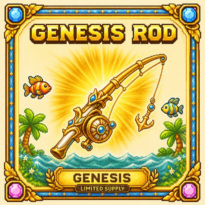 Pixel art promotional image for a 'GENESIS ROD' item with 'GENESIS' and 'LIMITED SUPPLY' text, featuring an ornate golden fishing rod against a tropical ocean backdrop.