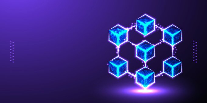A glowing 3D graphic of interconnected blue cubes arranged in a cube formation, symbolizing blockchain or network technology against a dark purple background.