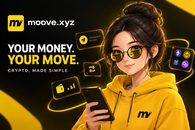 Marketing banner for 'moove.xyz' featuring an anime-style illustration of a woman in yellow sunglasses and hoodie holding a smartphone, with the tagline 'YOUR MONEY. YOUR MOVE. CRYPTO, MADE SIMPLE.'