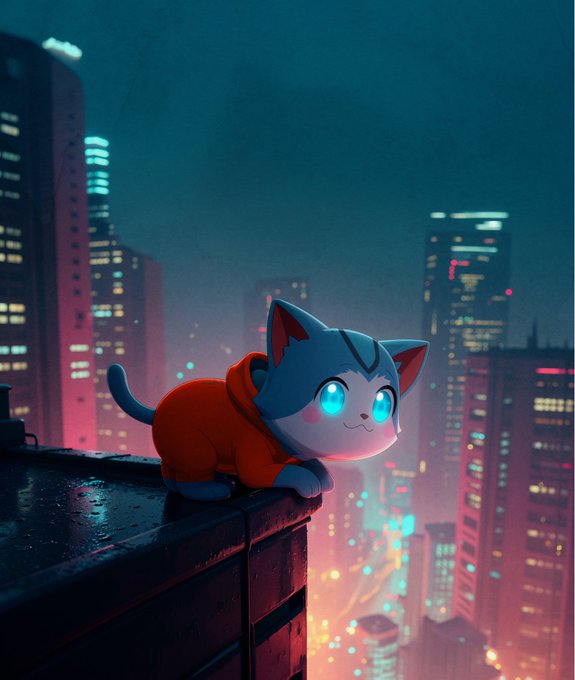An adorable cartoon cat with glowing blue eyes perches on a rooftop ledge, gazing out over a vibrant neon-lit cyberpunk cityscape at night. The scene evokes the adventurous, soaring potential suggested by "$WEN is the way," with the wide-eyed feline appearing ready to leap into the bustling urban future below.
