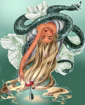 A fantasy illustration shows a reclining blonde woman surrounded by serpents and pale flowers, with a red gemstone and feather pendant near her hand.