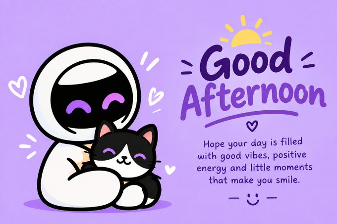 A purple 'Good Afternoon' greeting card featuring a cute cartoon astronaut hugging a black cat, surrounded by hearts and a sun, with the message 'Hope your day is filled with good vibes, positive energy and little moments that make you smile.'