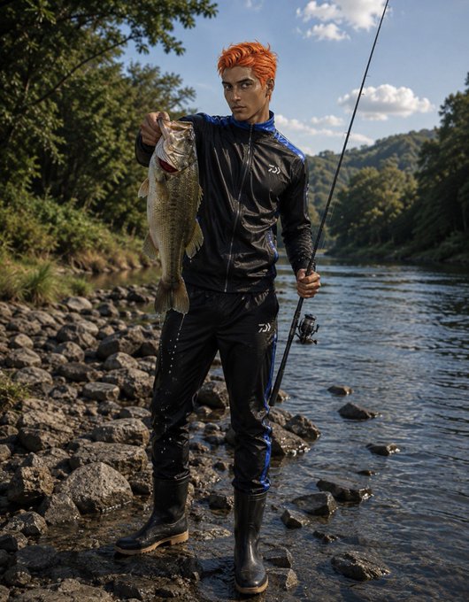 A young man with bright orange hair, wearing a black Daiwa tracksuit and rubber boots, stands on a rocky riverbank proudly displaying a largemouth bass he just caught, while holding his fishing rod in the other hand. The image ties into the post's promotional message about the "Best Fisher Tournament," visually capturing the kind of prize-worthy catch that could earn anglers a shot at the $25,000 prize pool and one of the top 100 NFT spots.