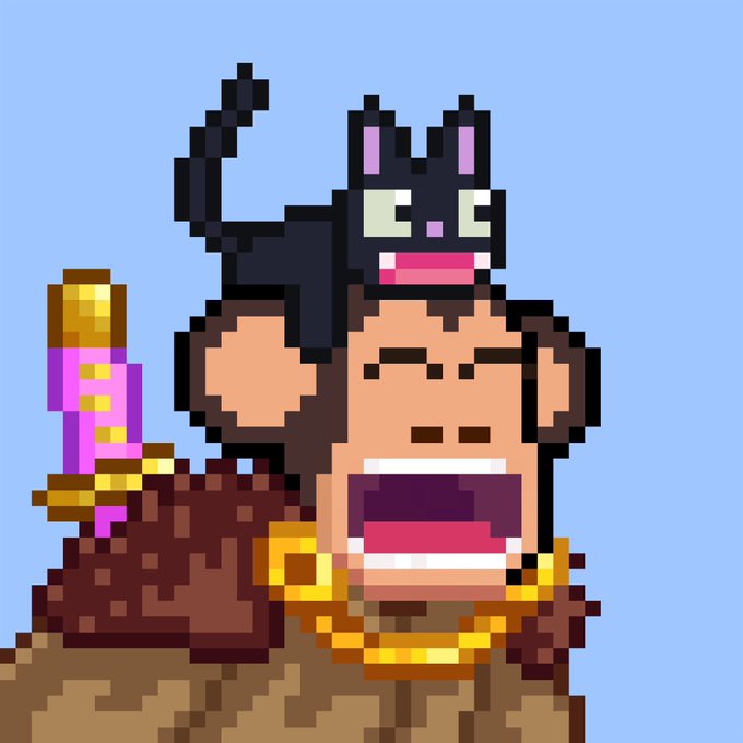 A pixel art illustration shows a black cat with a pink nose and green eyes perched atop a brown monkey wearing a gold chain, with a red and gold sword visible in the background.