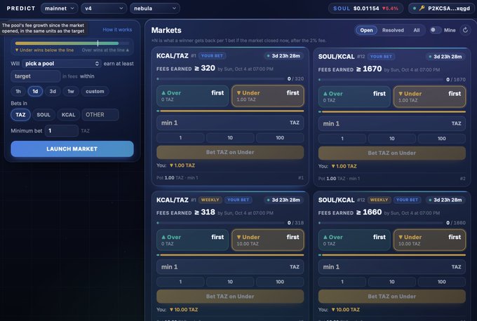 A 'PREDICT' platform interface showing 'mainnet v4 nebula' with multiple betting markets for KCAL/TAZ and SOUL/KCAL, displaying fees earned and betting options.