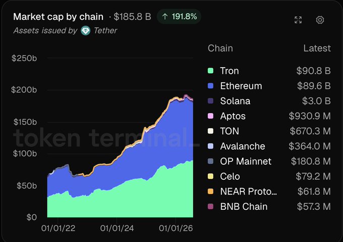 A chart titled 'Market cap by chain' showing assets issued by Tether at $185.8 B with a 191.8% increase, displaying growth from 01/01/22 to 01/01/26, with Tron leading at $90.8 B followed by Ethereum at $89.6 B.
