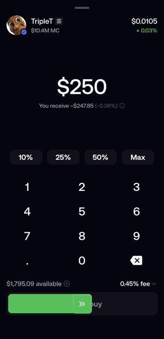A mobile crypto trading screen shows a $250 purchase of "TripleT" (ticker symbol with monkey emoji) at $0.0105, with a 0.03% price change and a 0.45% fee, confirming the DCA buy reflected in the post's caption.