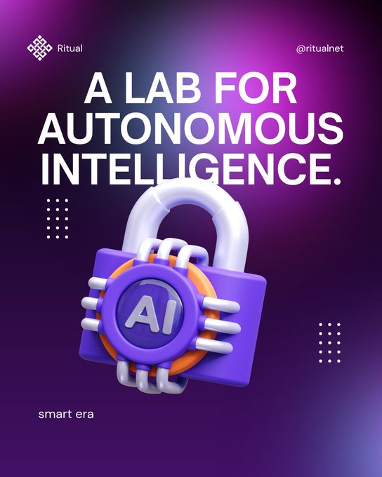 A promotional graphic for Ritual featuring the text 'A LAB FOR AUTONOMOUS INTELLIGENCE' alongside a 3D illustration of a purple padlock with 'AI' inscribed on it, branded with @ritualnet.