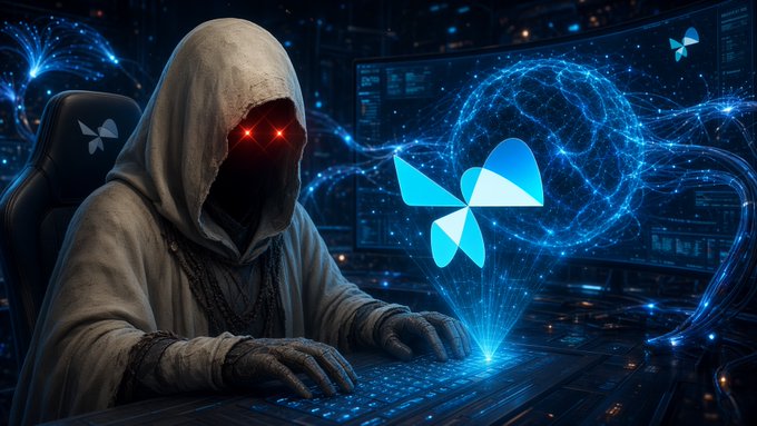 A hooded figure with glowing red eyes hacks at a keyboard, with a glowing blue butterfly logo emerging from the screen amid streams of digital code, symbolizing the user's early-morning monitoring of their testnet node and successful submission of an optimization job.