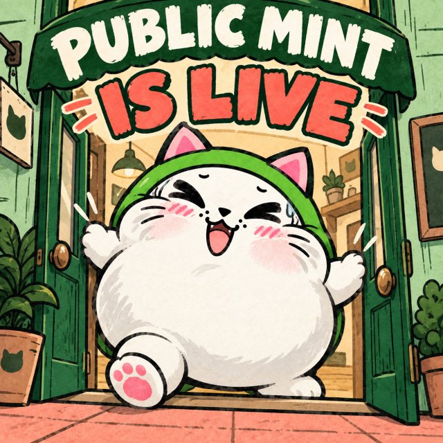 A cheerful cartoon cat in a green hoodie stands in a doorway under a banner reading 'PUBLIC MINT IS LIVE'.