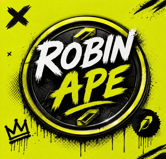 A bold, graffiti-style logo featuring the text "ROBIN APE" in white and yellow brushstroke lettering on a circular black emblem, set against a vibrant neon yellow background with paint drips, an "X" mark, and a small crown graphic—serving as striking branding for the launch of the $RBAP community token and its airdrop to Robin Ape holders.