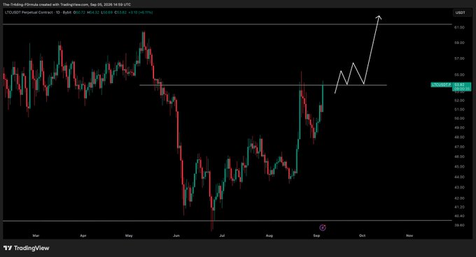 A TradingView chart of LTC/USDT perpetual contract on Binance shows the price hovering near $54.53 with a hand-drawn bullish breakout scenario projected above the $56 resistance level, supporting the post's anticipation of a long position and upward pump.