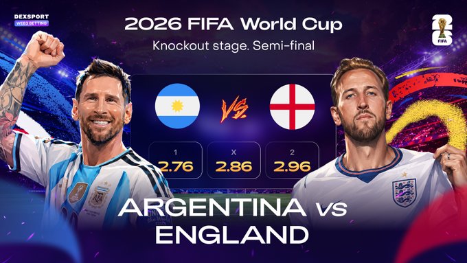 A promotional graphic for the 2026 FIFA World Cup semi-final between Argentina and England, featuring Lionel Messi and Harry Kane with betting odds of 2.76, 2.86, and 2.96.