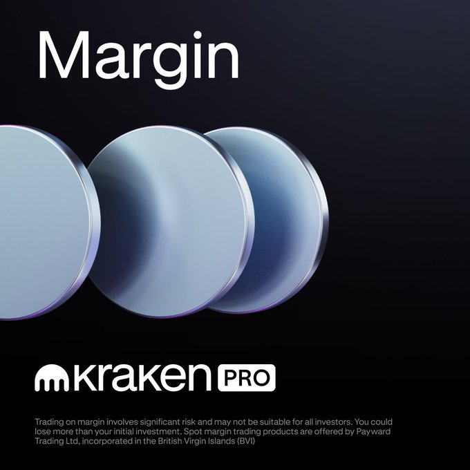 The image features three overlapping metallic blue coin-like discs against a dark background, with the word "Margin" prominently displayed at the top and the Kraken Pro logo at the bottom, alongside a risk disclaimer. It visually reinforces the post's message about starting small with spot margin trading on Kraken Pro, using the discs to symbolize coins or capital being leveraged responsibly.
