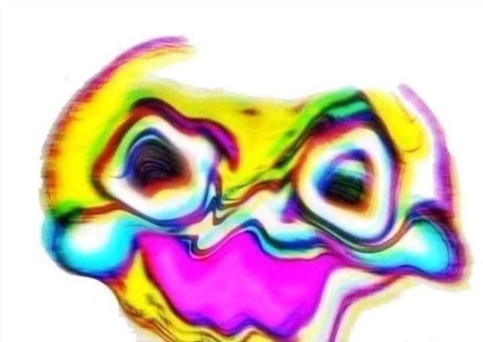 A distorted, glitch-art style image featuring a colorful, melted face-like shape with swirling rainbow colors on a white background.