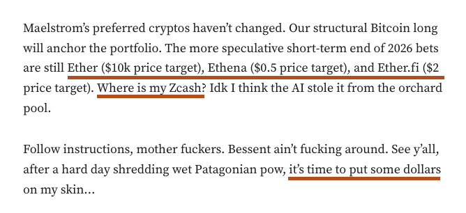 A screenshot of a text message discussing cryptocurrency portfolio picks, mentioning Bitcoin as a structural long, with end-of-2026 price targets of $10k for Ether, $0.5 for Ethena, and $2 for Ether.fi, and asking "Where is my Zcash?" The image relates to the post by showing Arthur Hayes's actual recent crypto commentary, which the poster references by sharing his Ethereum address to receive support.