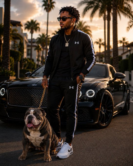 A stylish man in an Under Armour tracksuit and sunglasses poses with a bulldog and gold chain next to a black Bentley at sunset.