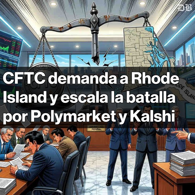 The image shows a courtroom scene with people sitting at desks, including a judge and several defendants. The judge is holding up a coin that says "CFTC demanda a Rhode Island en una batalla por mercados de predicción". This suggests that the CFTC (Commission on Financial Markets) has ordered the Rhode Island state to pay damages for violating financial regulations.

The post also mentions that this case involves the CFTC, Rhode Island, and Polymarkety y Kalshi. The CFTC is demanding a Rhode Island island to pay damages as a result of their violation of financial regulations. This case highlights the importance of adhering to regulatory requirements in the financial industry.