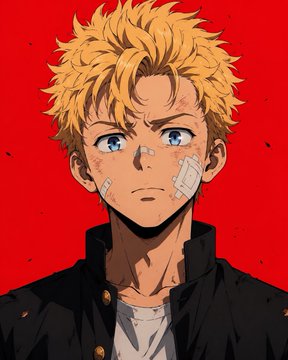An anime-style illustration of a young man with messy blonde hair, blue eyes, and band-aids on his face, wearing a dark jacket.