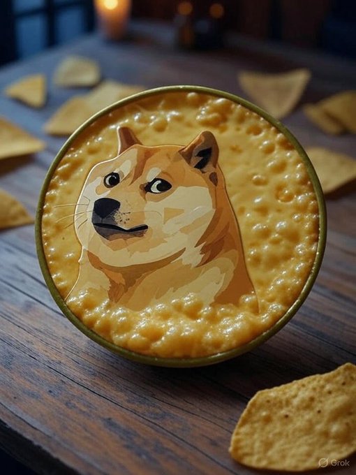 A top-down view of a bowl filled with cheese dip, featuring a decorative cutout of a Shiba Inu dog in the center, surrounded by tortilla chips scattered on a wooden table; a 'Grok' watermark is visible in the corner.