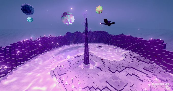 A purple and pink voxel-style landscape from the game "Accretion" featuring a central dark tower, floating pixelated planets, a flying vehicle, and sparkles in the sky.