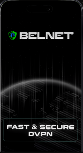 The image is a promotional graphic for BelNet, featuring the BelNet logo (with its green shield icon) at the top and the tagline "FAST & SECURE DVPN" highlighted in a box at the bottom, all set against a dark, futuristic background of a dotted globe. It visually reinforces the post's message about BelNet's privacy-focused VPN browser by emphasizing its core value proposition—secure, decentralized browsing that blocks trackers and hides your IP.