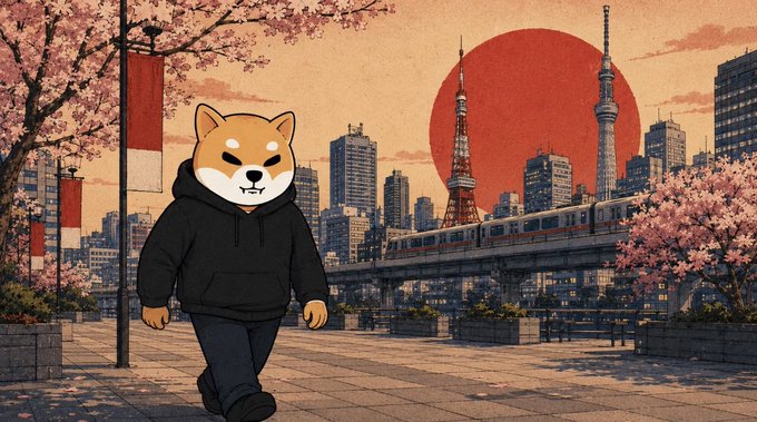 An anthropomorphic Shiba Inu dog wearing a black hoodie strolls along a Tokyo riverside at sunset, with the Tokyo Tower, a bullet train, cherry blossoms, and a large red sun forming the iconic Japanese skyline behind it. The image visually celebrates SHIB's regulatory milestone in Japan, pairing the meme's cultural identity with symbols of Japanese recognition and global expansion.