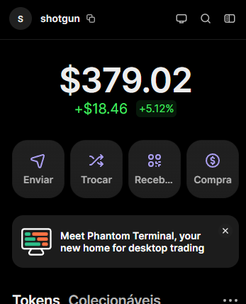 The image shows a crypto wallet app displaying a "shotgun" token valued at $379.02, up $18.46 (+5.12%), with options to Send, Swap, Receive, or Buy. This appears to be a screenshot supporting the post about farming Solana game tokens, where the user profits from holding and strategically selling assets like $SHOTGUN.