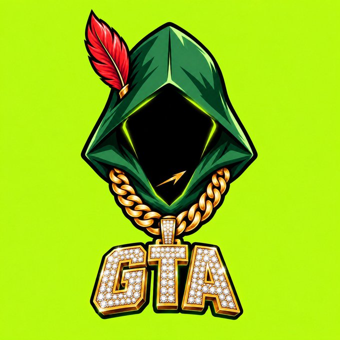 A digital illustration of a hooded figure in green with a gold chain, featuring a diamond-encrusted 'GTA' pendant against a bright green background.