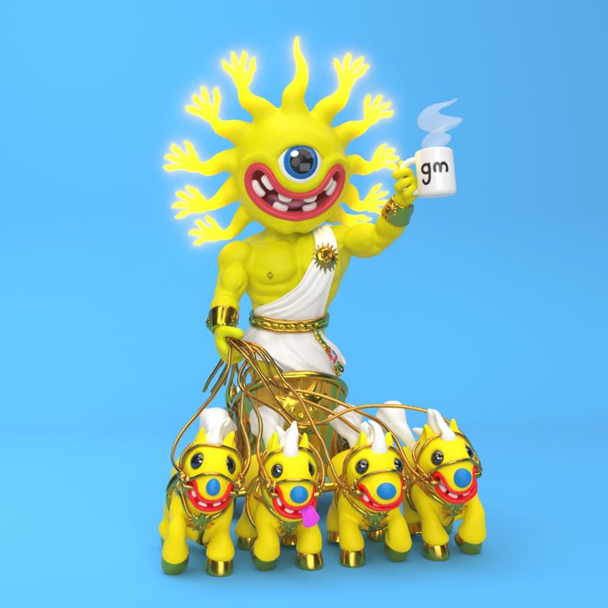 A 3D-rendered yellow character with a sun-like head, one large eye, and many appendages holds a steaming mug labeled "gm" while riding a chariot pulled by four small yellow creatures.