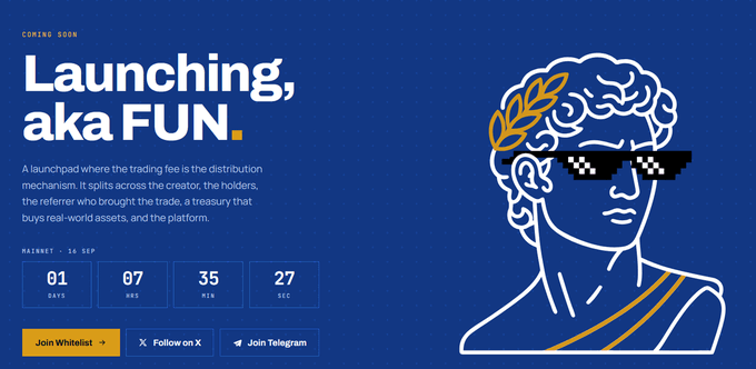 A blue promotional banner for "Launching, aka FUN." features an illustration of a classical bust wearing pixelated sunglasses, with a countdown timer set for September 16.