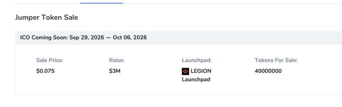 ICO information panel for 'Jumper Token Sale' showing a sale price of $0.075, $3M raise, via Legion Launchpad, with 40,000,000 tokens for sale, running Sep 29 to Oct 06, 2026.
